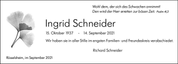 Traueranzeige von Ingrid Schneider von vrm-trauer