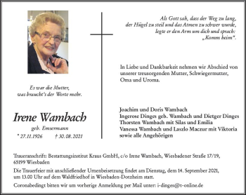 Traueranzeige von Irene Wambach von vrm-trauer