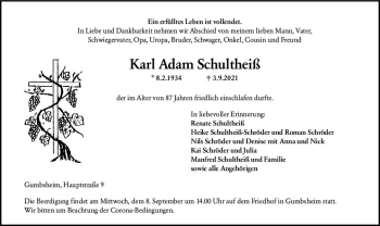 Traueranzeige von Karl Adam Schultheiß von vrm-trauer