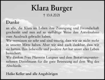 Traueranzeige von Klara Burger von vrm-trauer
