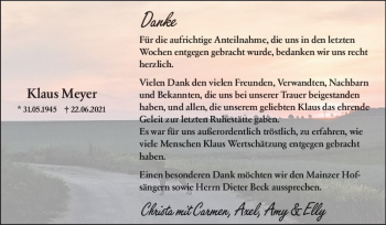 Traueranzeige von Klaus Meyer von vrm-trauer