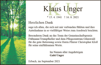 Traueranzeige von Klaus Unger von vrm-trauer