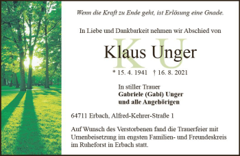 Traueranzeige von Klaus Unger von vrm-trauer