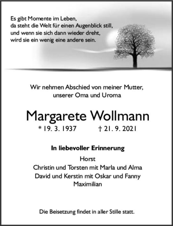 Traueranzeige von Margarete Wollmann von vrm-trauer