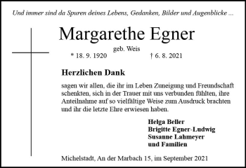 Traueranzeige von Margarethe Egner von vrm-trauer