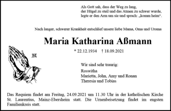 Traueranzeige von Maria Katharina Aßmann von vrm-trauer