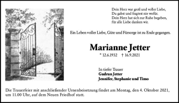 Traueranzeige von Marianne Jetter von vrm-trauer