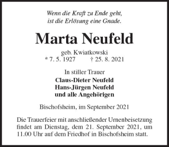 Traueranzeige von Marta Neufeld von vrm-trauer