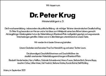 Traueranzeige von Peter Krug von vrm-trauer