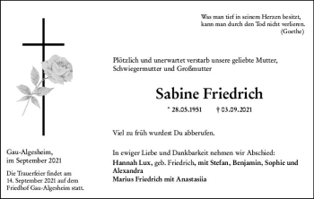 Traueranzeige von Sabine Friedrich von vrm-trauer