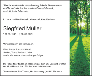 Traueranzeige von Siegfried Müller von vrm-trauer