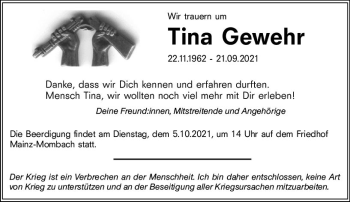 Traueranzeige von Tina Gewehr von vrm-trauer