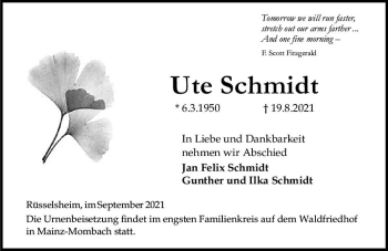 Traueranzeige von Ute Schmidt von vrm-trauer