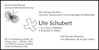 Traueranzeige von Ute Schubert von vrm-trauer