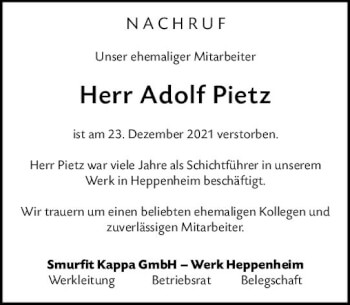 Traueranzeige von Adolf Pietz von vrm-trauer Bergsträßer Anzeiger