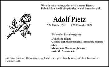 Traueranzeige von Adolf Pietz von vrm-trauer Bürstädter/Lamperth. Ztg/Starkenburger