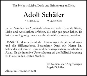 Traueranzeige von Adolf Schäfer von vrm-trauer Allgemeine Zeitung Alzey