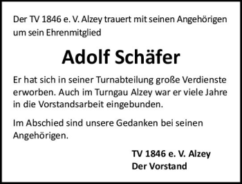 Traueranzeige von Adolf Schäfer von vrm-trauer Allgemeine Zeitung Alzey