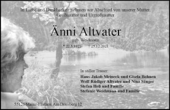 Traueranzeige von Änni Altvater von vrm-trauer AZ Mainz