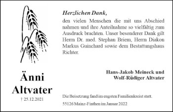 Traueranzeige von Änni Alvater von vrm-trauer AZ Mainz