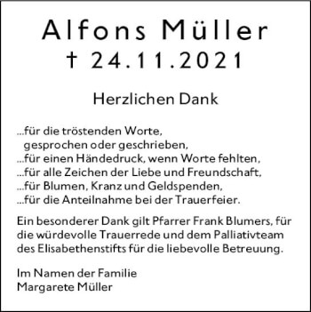 Traueranzeige von Alfons Müller von vrm-trauer DieburgerAnzeiger/Groß-Zimmerner Lokala