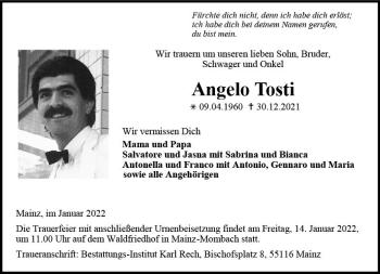 Traueranzeige von Angelo Tosti von vrm-trauer AZ Mainz