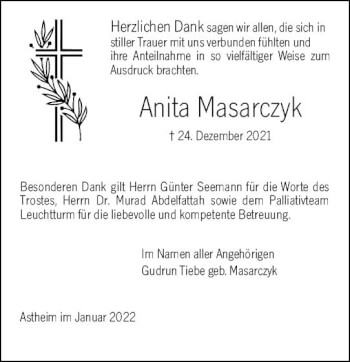Traueranzeige von Anita Masarczyk von vrm-trauer Rüsselsheimer Echo / MainSpitze