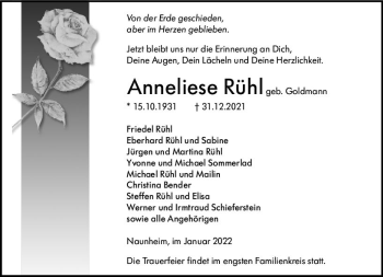 Traueranzeige von Anneliese Rühl von Wetzlarer Neue Zeitung