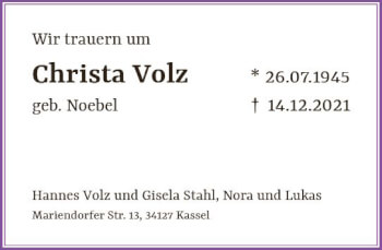 Traueranzeige von Christa Volz von vrm-trauer Bürstädter/Lamperth. Ztg/Starkenburger