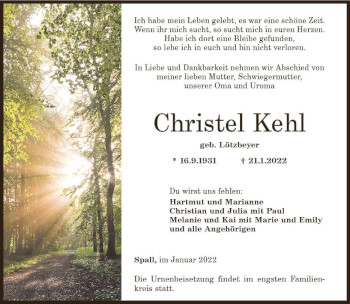 Traueranzeige von Christel Kehl von vrm-trauer Allg. Zeitung Bad Kreuznach
