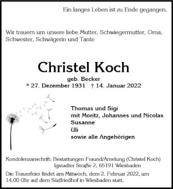 Traueranzeige von Christel Koch von vrm-trauer Wiesbadener Kurier