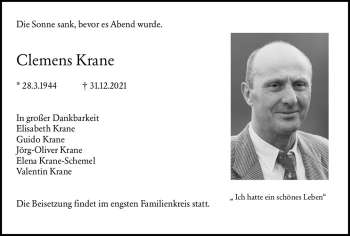 Traueranzeige von Clemens Krane von vrm-trauer Darmstädter Echo