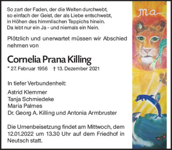 Traueranzeige von Cornelia Prana Killing von vrm-trauer Darmstädter Echo