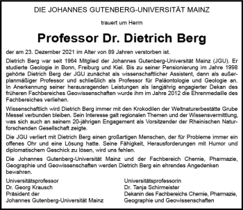 Traueranzeige von Dietrich Berg von vrm-trauer AZ Mainz