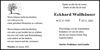 Traueranzeige von Eckhard Wallhäuser von vrm-trauer Allg. Zeitung Bad Kreuznach