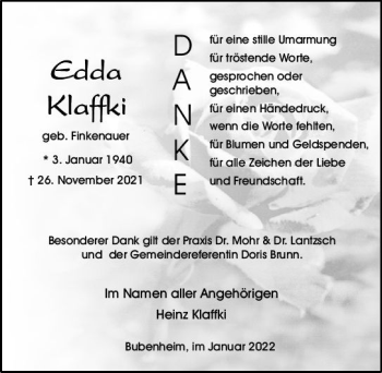 Traueranzeige von Edda Klaffki von vrm-trauer Allgemeine  Zeitung Ingelheim-Bingen