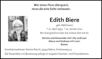Traueranzeige von Edith Biere von vrm-trauer AZ Mainz
