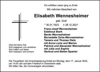 Traueranzeige von Elisabeth Wennesheimer von vrm-trauer Allgemeine  Zeitung Ingelheim-Bingen