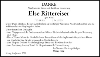 Traueranzeige von Else Rittereiser von vrm-trauer Allgemeine Zeitung Alzey