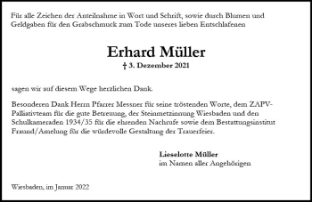 Traueranzeige von Erhard Müller von vrm-trauer Wiesbadener Kurier