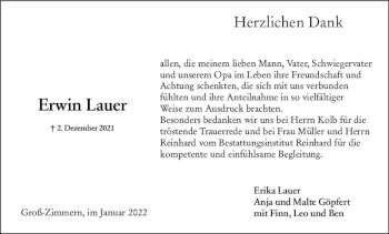 Traueranzeige von Erwin Lauer von vrm-trauer DieburgerAnzeiger/Groß-Zimmerner Lokala