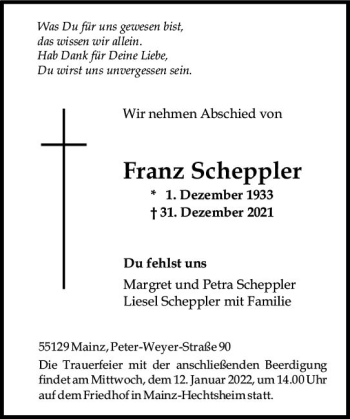 Traueranzeige von Franz Scheppler von vrm-trauer AZ Mainz