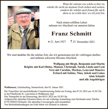 Traueranzeige von Franz Schmitt von vrm-trauer Allg. Zeitung Bad Kreuznach