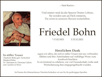 Traueranzeige von Friedel Bohn von vrm-trauer AZ Mainz