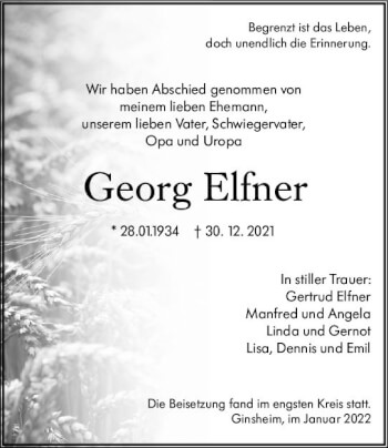 Traueranzeige von Georg Elfner von vrm-trauer Rüsselsheimer Echo / MainSpitze