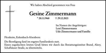 Traueranzeige von Gesine Zimmermann von vrm-trauer Allgemeine Zeitung Alzey