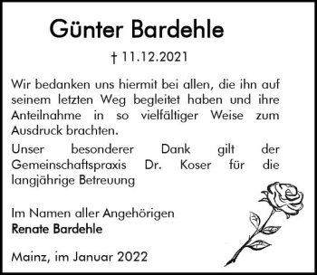 Traueranzeige von Günter Bardehle von vrm-trauer AZ Mainz