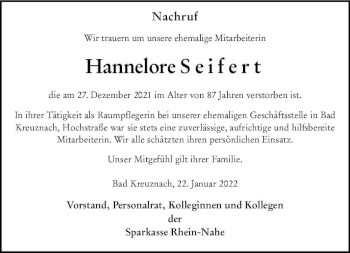 Traueranzeige von Hannelore Seifert von vrm-trauer Allg. Zeitung Bad Kreuznach