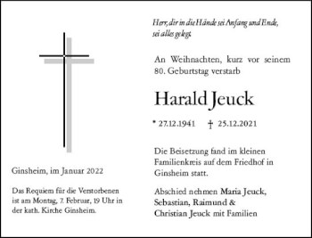 Traueranzeige von Harald Jeuck von vrm-trauer Rüsselsheimer Echo / MainSpitze