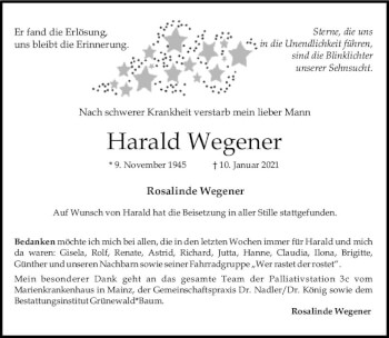 Traueranzeige von Harald Wegener von vrm-trauer AZ Mainz